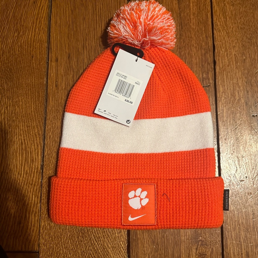 NWT Nike Clemson University Orange and White Pom Beanie